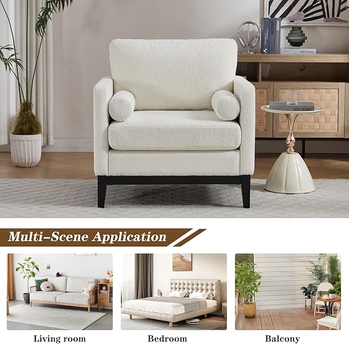 Mlmh &amp Kngwa 35.43 W Modern Accent Chair for Bedroom Upholstered Accent Chairs Single Sofa Chair with Wood Black Finish Legs Comfy Armchair for Living Room Office Ivory