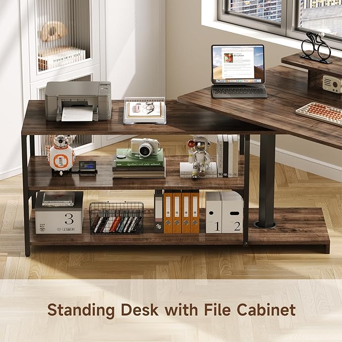 Standing Desk with File Cabinet 63x24'' L Shaped Electric Stand Up Desk with Adjustable Monitor Shelf Adjustable Height 28-46'' for Home and Computer Workstation Walnut