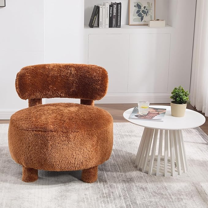 Modern Sherpa Accent Chair Upholstered Armless Slipper Chair Cute Furry Chairs with Curved Backrest and Solid Wooden Legs Side Chairs for Living Room Bedroom Reading Room (Fur Khaki)