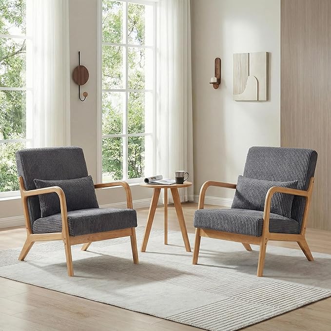 Accent Chair with Side Table Comfy Arm Chair with Solid Wood Frame Upholstered Mid-Century Modern Chair for Living Room Bedroom Waiting Room Gray