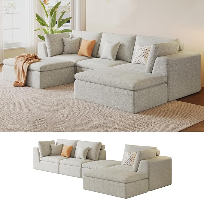 109 Modular Sectional Sofa with Deep Seat Oversized U-Shaped Cloud Couch for Living Room with 2 Ottomans Boneless Memory Foam Teddy Fleece Sofa No Tools Assembly Required (Beige2 Ottomans)