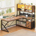 SEDETA L Shaped Computer Desk Home Office Desk with 2 Drawer and Bookshelf L Shaped Gaming Desk with LED Light Glass Cabinet and Storage Bag Corner Desk with Storage Shelves Rustic Brown