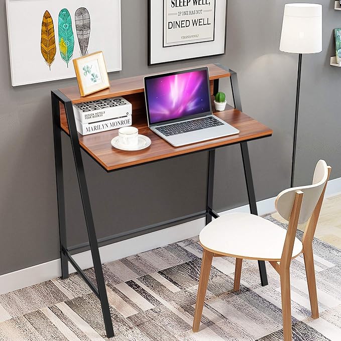 Tangkula Small Computer Desk Compact Home Office Desk with Sturdy Frame 2 Tier Study Writing Table for Small Place Apartment Office Desk for Bedroom Kid’s Desk