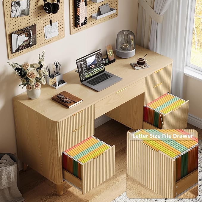 55.1 Fluted Executive Desk with Drawers Wood Computer Desk with Storage Cabinet Home Office Desk with Charging Station Farmhouse Desk with File Cabinet for Office Home