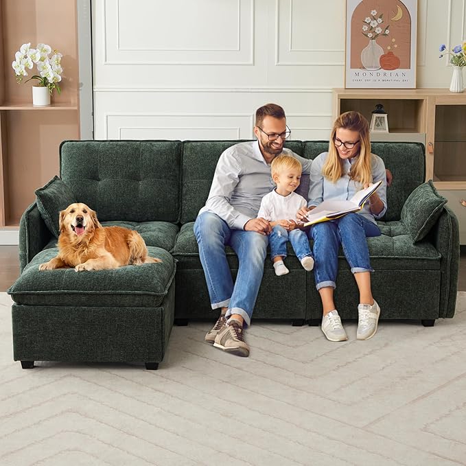 98'' Modular Sectional Sofa Comfty Cloud Couch L Shape with Movable Ottoman 4-Seat Chenille Deep Seat Sofa with Throw Pillow Sectional Couches for Living Room Office(Green 3-seat)