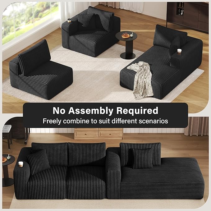DURASPACE Modular Sectional Sofa Cloud Boneless Couch with Deep Seat Cup Holder Memory Foam Corduroy L Shaped Couch Convertible Sofa Bed for Living Room Bedroom No Assembly Required