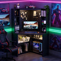 Corner Desk with - LED Reading Light L-Shaped Computer Desk w/Hutch &amp Shelves Home Office Desk w/Charging Station for Work &amp Study File Cabinet Storage Bookshelf for Small Space (Black)