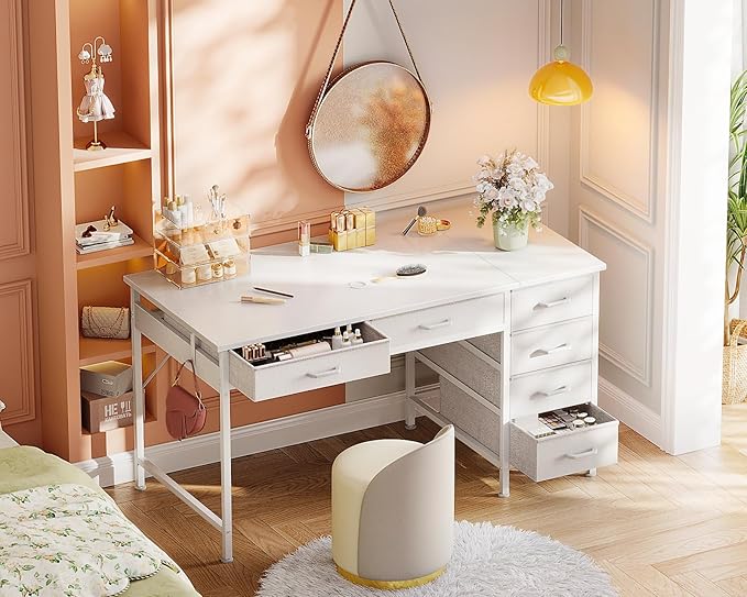 ODK Computer Desk with 6 Drawers 48 Inch Office Desk with Storage Reversible Desk with Headphone Hook for Home Office Work Study Table Vanity for Bedroom White