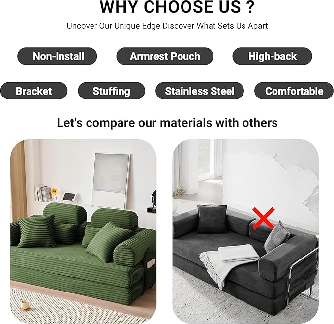 79'' Upgrade High Backrest Convertible Sofa Bed with Fixed Frame Removable Armrests &amp Backrest Corduroy Sleeper Couch No Assembly Guest Bed for Small Spaces (High Backrest Olive Green) | Conve