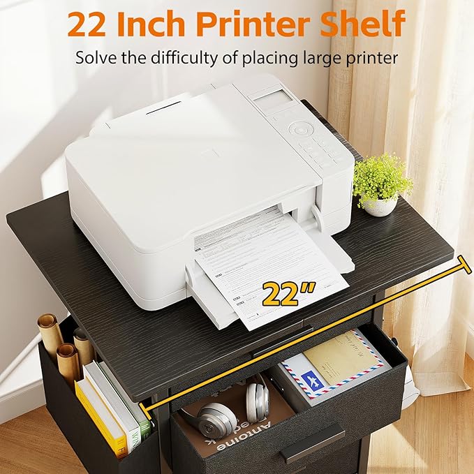 Mexin 3 Drawer File Cabinet with 24'' Extended Desktop Mobile Filing Cabinet Printer Stand Rolling Printer Stand with Side Bag Fabric Drawer Fits A4 Size Home Office Black