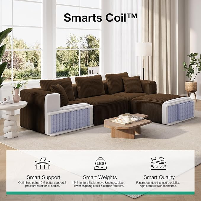 Novilla 141 Modular Sectional Sofa Modern Cloud Sectional Couch with Smarts Coil® Support U-Shape Boneless Couch for Living Room Apartments No Assembly Required Brown (4 Seat w/ 2 Ottoman)