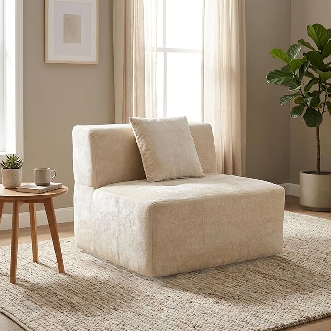 · REDEARTH · Armless Chair Velvet Sectional Sofa No-Assembly Compressed Couch in a Box Firm Support Boneless Modular System in Plush Velvet for Living Room (1-Seater) Cream