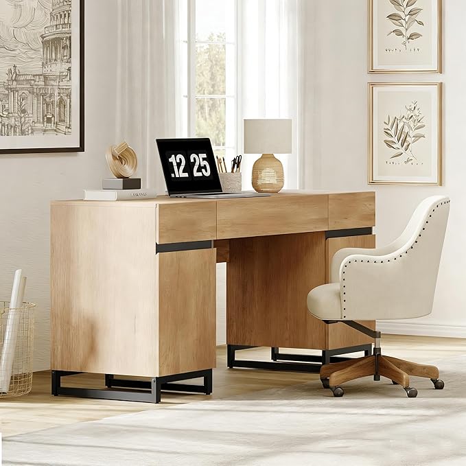 WAMPAT 59 Modern Executive Desk with Drawers Home Office Computer Desk with Charging Station File Drawer Storage Cabinet Wood Writing Desk for Work and Study Oak