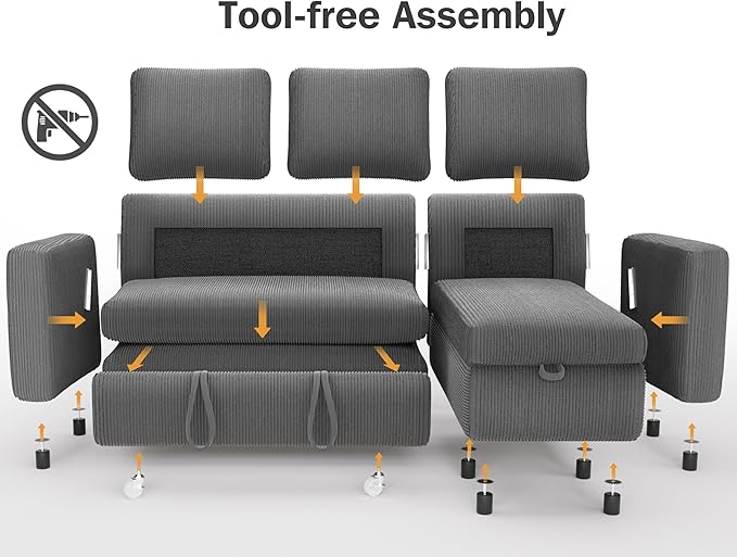Vipbear 80 Sectional Sleeper Sofa Bed with Pull Out Bed L Shaped Couch Pull Out Couch with Reclining Backrest Reversible Storage Chaise USB Ports Tool-Free Assembly Corduroy Dark Grey