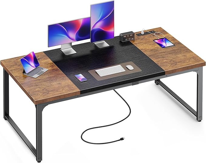 Huuger 63 x 31.5 inch Desk with Power Outlets &amp USB-C 1.2 Inch Thicker Desktop Robust Metal Tubes Deep Computer Desk Heavy Duty Office Desk Work Desk Rustic Brown and Black