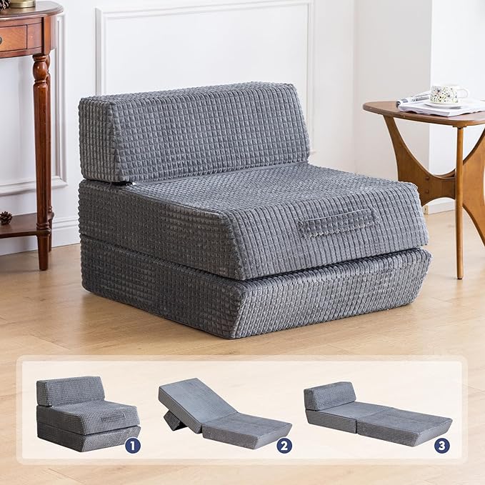 Futon Sofa BedSleeper Chair - Convertible Sectional Sleeper Sofa Floor Bed Mattress for Guest BedRemovable Zippered Back Support Perfect for Living Room and Bedroom (Gray)