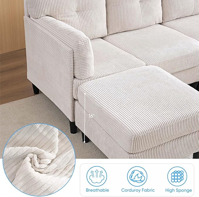 Mjkone Sectional Couch Sofa with Ottoman U Shape Sofa for Living Room Corduroy Convertrible Couches with Double Chaises 6 Seater Sofas for Living Room/Home Office/Guest (Beige)