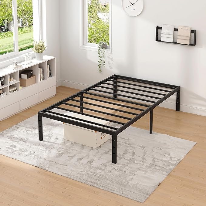 Metal Bed FrameTwin Size Bed Frame with Storage SpaceHeavy Duty Sturdy Mattress FoundationEasy AssemblyNo Box Spring Needed Black18 InchTwin