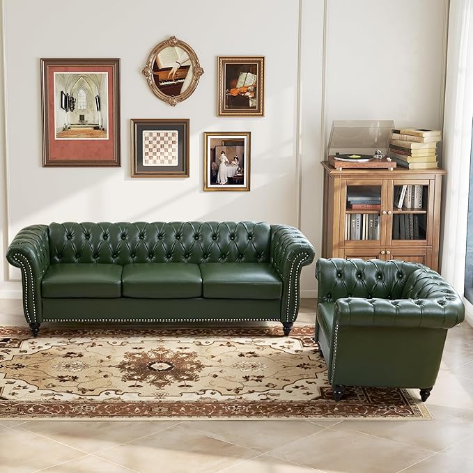 LEVNARY Chesterfield Sofa 3 Seater Tufted Couch for Living Room Classic Button Tufted Upholstered Sofa Modern Mid-Century PU Leather Sofa (Green)