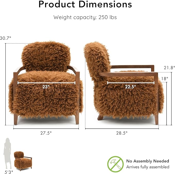 Furniture of America Ramos Modern Accent Chair with Ultra Soft Faux Fur Long-Haired Accent Sofa Tight Seat and Back Single Couch Fluffy Living Room Seating No Assembly Needed Camel Brown