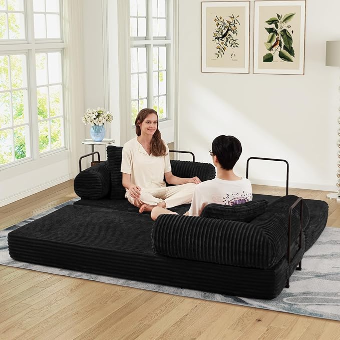 78.5W Convertible Folding Sofa Bed Corduroy Upholstered Queen Size Foam Floor Couch with Fixed-Shaped Frame Loveseat Sleeper Compression Sofa Foldable Mattress for Living Room Bedroom(Black)
