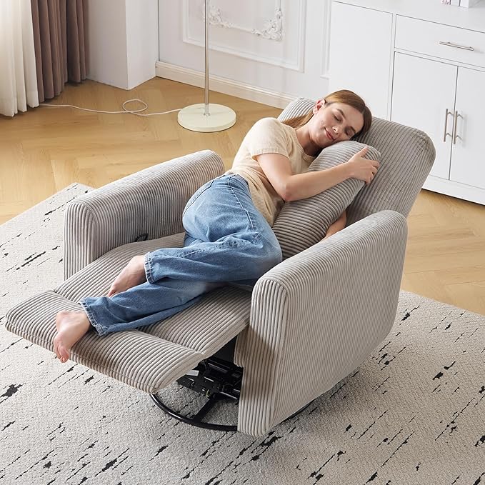 360° Swivel Glider Recliner Chair Oversized Rocker Recliner with Heating and Massage Glider Chair for Nursery with Pillow24 Extra Wide Rocking Chair for Living Room Corduroy Grey
