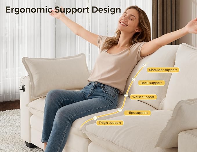 80 L Shaped Sofa Sectional Cloud Couch with Ottoman Modern Chenille Fabric Sofa with Wide Armrest Storage Charging Station Led Lights for Living Room Bedroom and Apartment White