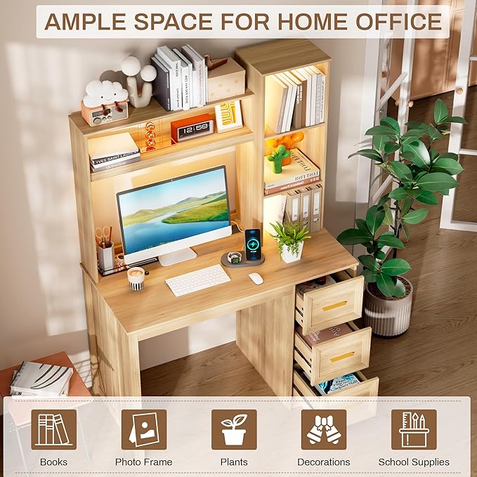 LVSOMT 40” Home Office Desk with Hutch and Drawers Computer Desk with Power Outlets and LED Light Study Writing Gaming Table with Storage Shelves Workstation for Bedroom Wood