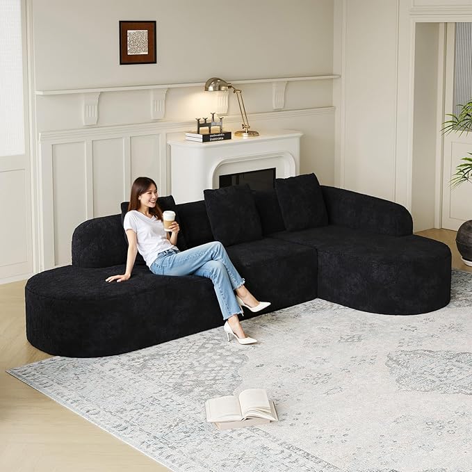 Oversized Sectional Sofa with Right Chaise 111 Modern Luxury Lychee-Textured Long-Pile Extra Wide Seat L-Shape Curved Cloud Boneless Couch for Living Room Apartmen No Assembly Black