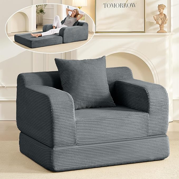 wanan 40 W Folding Sofa Bed 2-in-1 Convertible Bed Sofa to Boneless Sleeper Chair for Adult Comfy Armchair with Back Support Armrests and Pillow for Living Room Bedroom Single Dark Gray | Easy-