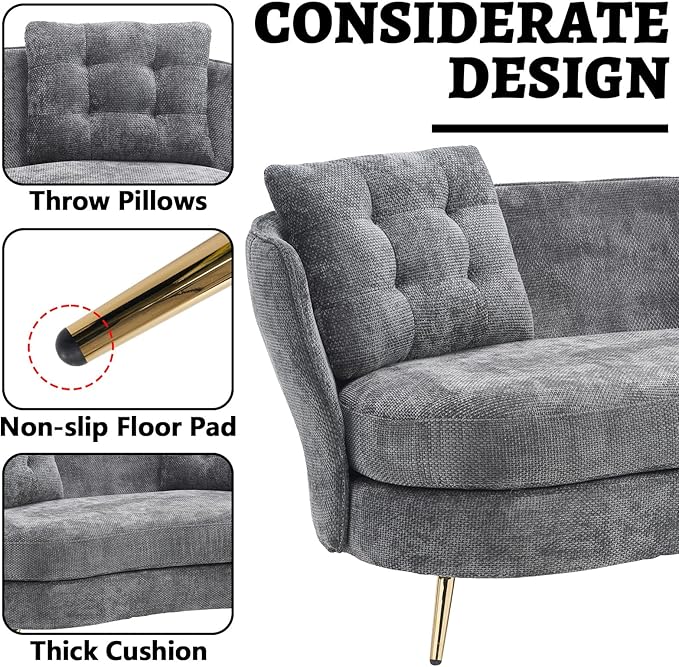 64 Inch Curved Loveseat Small Loveseat Sofa for Small Space Modern Couch &amp Office Sofa for Bedroom Livingroom 2 Pillows Gold Legs (Grey)