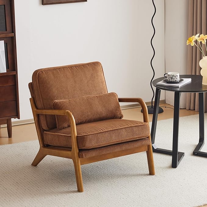 Karl home Mid-Century Modern Accent Chair Living Room Chairs with Pillow Corduroy Upholstered Lounge Armchair with Solid Wood Frame &amp Soft Cushion for Bedroom Reading Room Brown