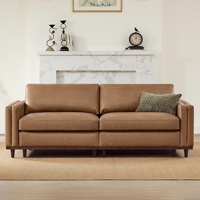 CHITA 83 Super Large Luxury Loveseat Sectional Modular Sofa FSC Certified Down Filled Modern Sofa Deep Seat Comfty Cloud Couch 2 Seat Couch Solid Wood Leg Faux Leather in Camel