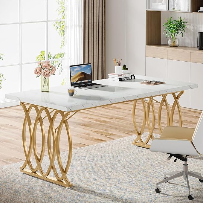 Tribesigns Executive Desk 63 W Large Computer Desk Modern Office Desk Conference Table Meeting Room Table Business Furniture for Home Office White and Gold