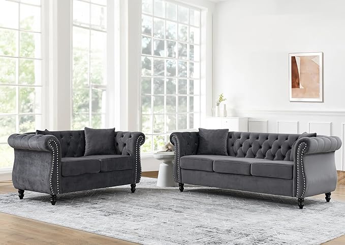 Chesterfield Sofa58 Button Tufted Velvet Couch with Rolled Arms&ampNailhead TrimComfy 2 Seater Loveseat SofaOversize Mid Century Modern Couch for Living RoomBedroomApartmentOffice(Grey)