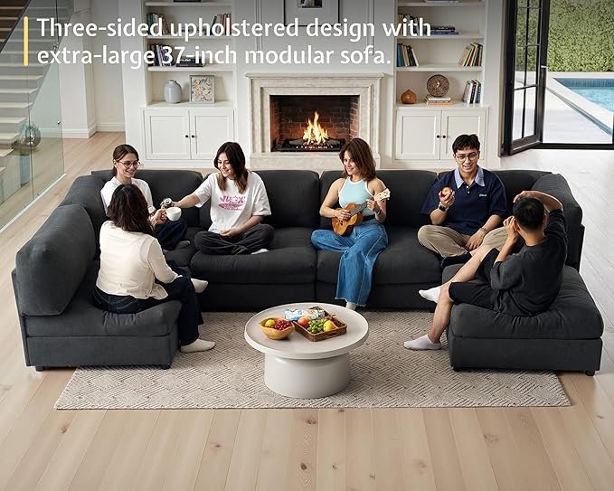 Jocisland 148 inches U-Shaped Modular Sectional Sofa Oversized Convertible Couch with Ottoman Easy Assembly Scratch-Resistant Linen Fabric Gray
