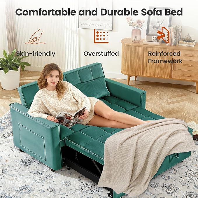 Convertible Sofa Bed Pull Out Couch with Side Pockets 3 in 1 Velvet Fabric Loveseat Sleeper Sofa Bed Pull Out Couch with Adjustable Backrest for Living Room Bedroom Apartment Green