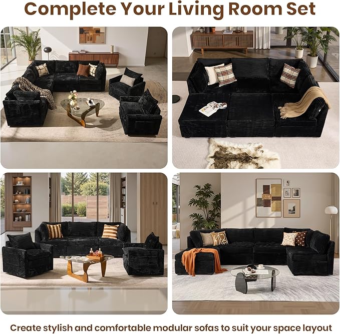 32.7'' Middle Seat for Modular Sectional Sofa Deep Seat Upholstered Armless Chair Sleeper Sofas L/U/V Shaped Plush Corduroy Cloud Couch for Living Room Apartment Black