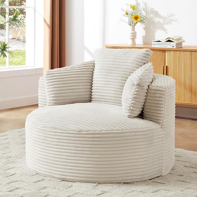 Round Chair Lounge Chaise Indoor 48.8 Oversized Sofa Chair Upholstered Corduroy Deep Seat Sleeper Sofa Bed No Assembly Required for Living Room Bedroom Apartment White