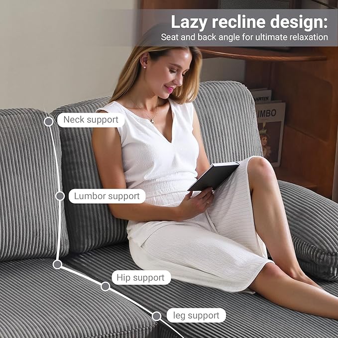 VINGLI 110 Sectional Couches for Living RoomU Shaped Couch with Double Chaise 4-Seat Sofa Set with Corduroy Fabric for Home FurnitureGrey