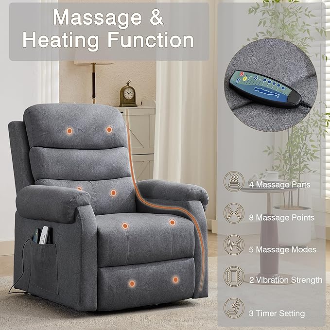 Power Lift Recliner Chair Recliners for Elderly with Heat and Massage Recliner Chair for Living Room with Infinite Position and Side Pocket USB Charge Port (Modern Grey)