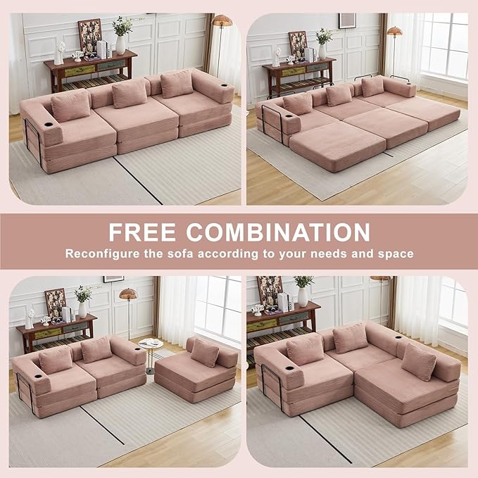 118 Oversized Sectional Couches Convertible Floor Sofa Bed with Cup Holder Boneless Foldable Mattress Cloud Couch with Pillow Back &amp Armrest for Living Room Bedroom Lounge(Corduroy Pink)