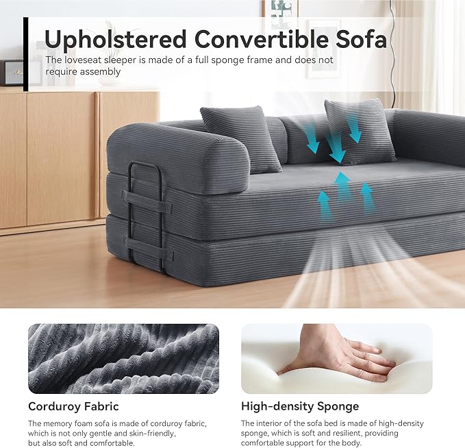 Sofa Bed Corduroy Sleeper Sofa Bed with Fixed Frame Floor Sofa Lounge with Pillow Convertible Folding Mattress Couch for Living Room Bedroom Lounge Studio (Dark Grey)