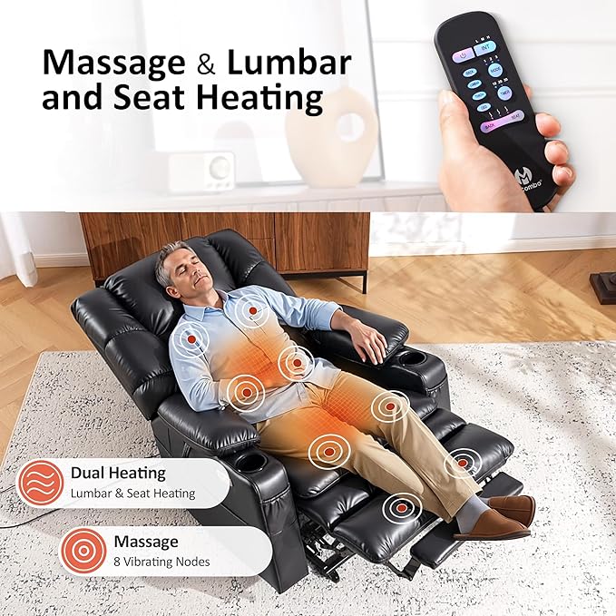 MCombo Oversized Triple Motor Power Lift Recliner Chair with Massage and Dual Heating Adjustable Headrest for Big and Tall Elderly People Faux Leather R7635 (Black Large-Oversize)