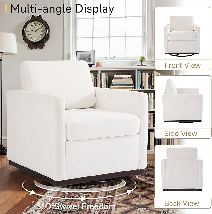 Pia Ricco Single Swivel Barrel Chair Mid-Century Modern Accent Armchair with Plush Chenille Upholstery for Living Room &amp Cozy Reading Nook Beige