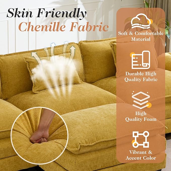 Modular Sectional Sofa 119 L Shaped Couch Set with Movable Ottoman Chenille Comfy Cloud Couch Sectional Set Extra Deep Seat Sofa with 3 Pillows for Living Room (Yellow 3-Seat &amp 1-Ottoman)