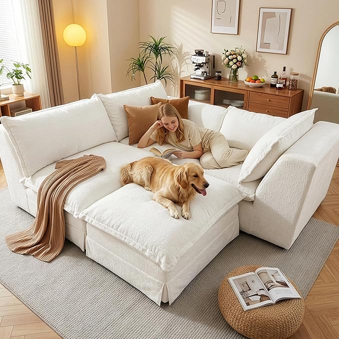 Claiks 123 Modular Boneless Couch U Shaped Couch for Living Room Modern Deep Seat Sofa 3 Seater Chenille Fabric Comfy Cloud Couches with Movable Ottoman Beige