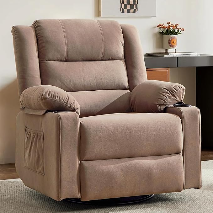 360°Swivel Rocker Recliner Chair for AdultsManual Glider Recliner Sofa with Massage and Heating Nursery Rocking Chairs with Cup Holds for Living Room Bedroom (Light Mocha)
