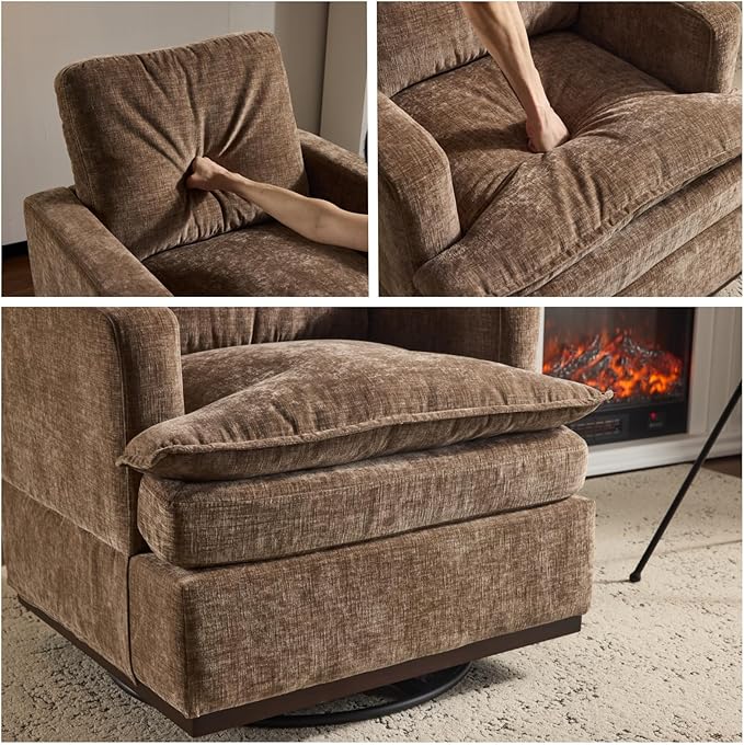 VINGLI 360° Swivel Mid-Century Modern Accent Armchair with Double-Layer Seat Cushions Comfy Single Square Sofa Upholstered Club Chair for Living RoomBedroom Reading Room Chenille Khaki