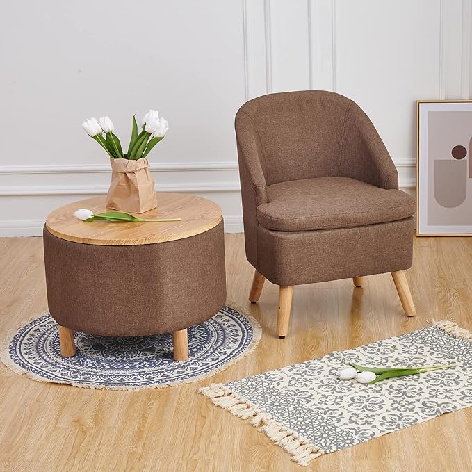 Cute Upholstered Accent Club Coffee Chair with Barrel Style Cotton Linen Like Fabric Round Single Sofa for Wooden Leg Living Room Bedroom Large